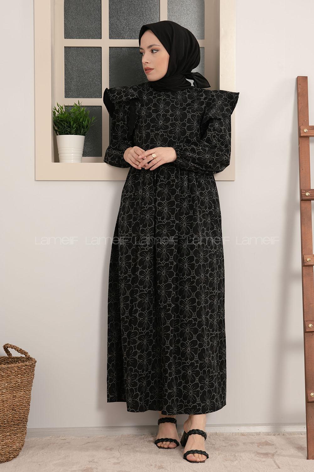 Modalamelif Kolu Fırfırlı Papatya Desen Elbise Siyah