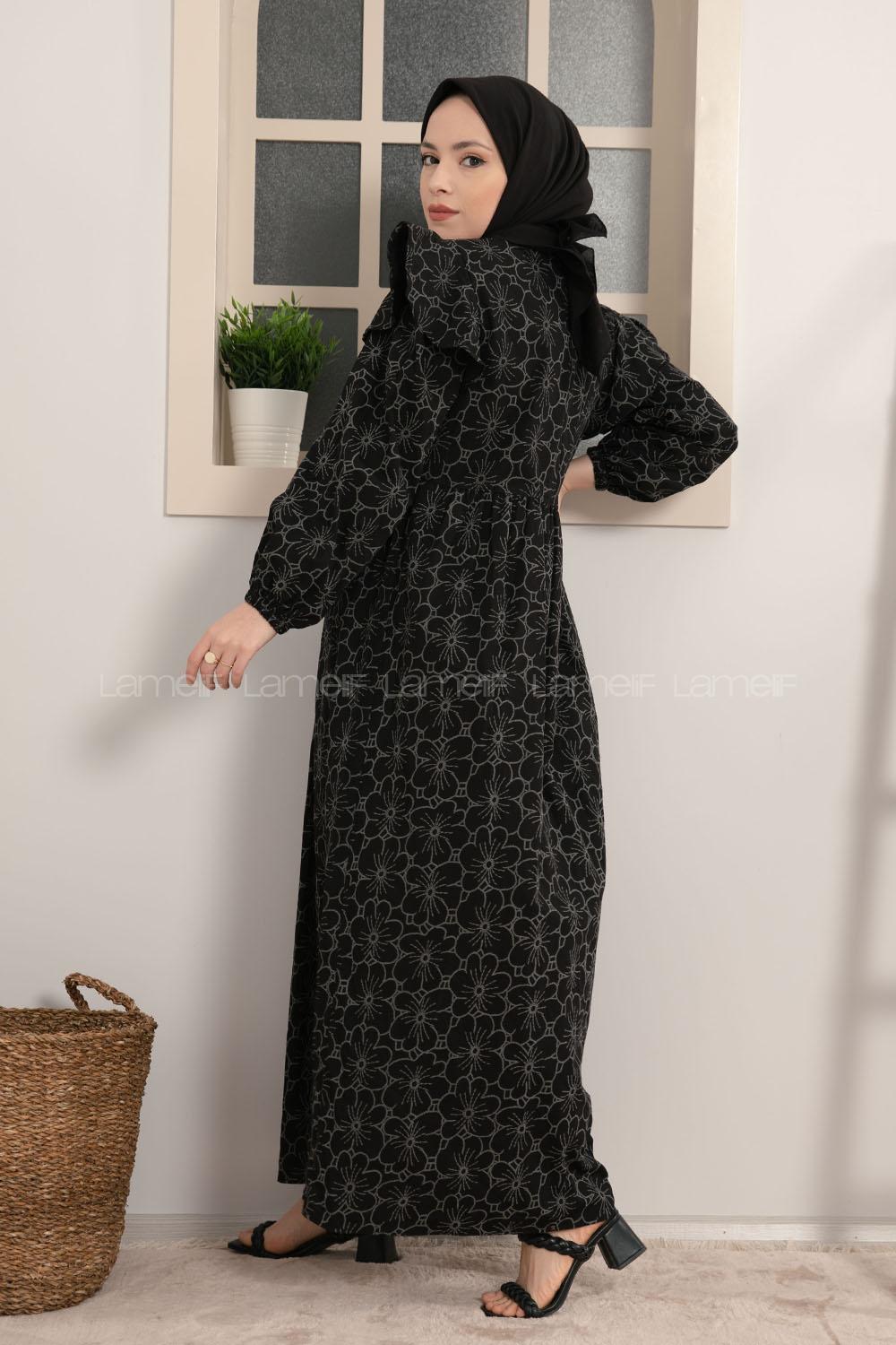 Modalamelif Kolu Fırfırlı Papatya Desen Elbise Siyah