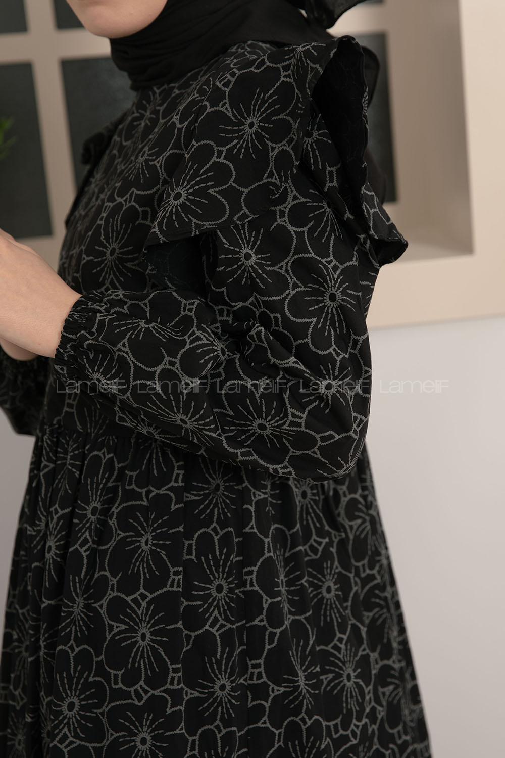 Modalamelif Kolu Fırfırlı Papatya Desen Elbise Siyah