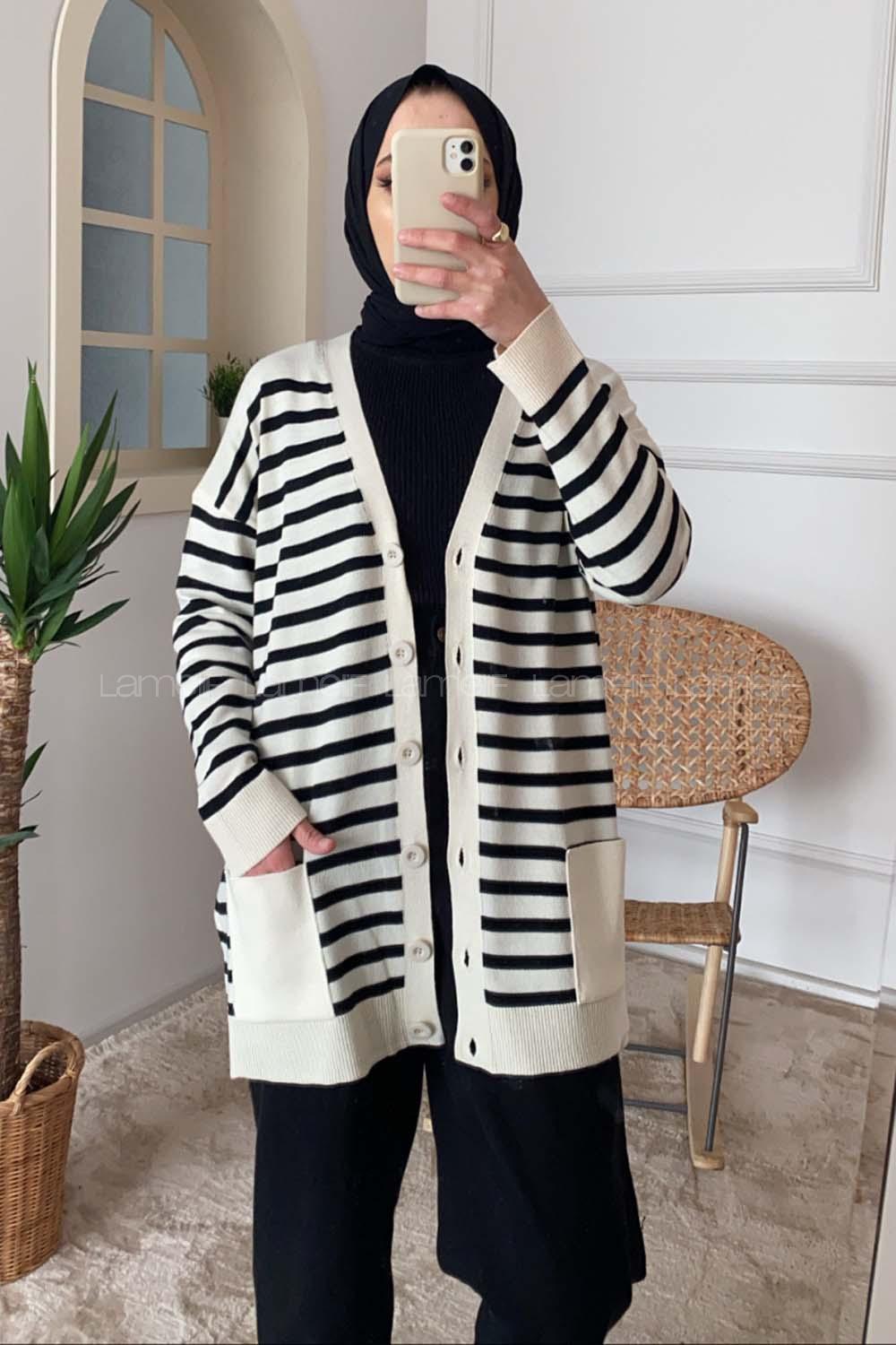 Modalamelif Önü Düğmeli Çizgili Hırka Ekru Siyah