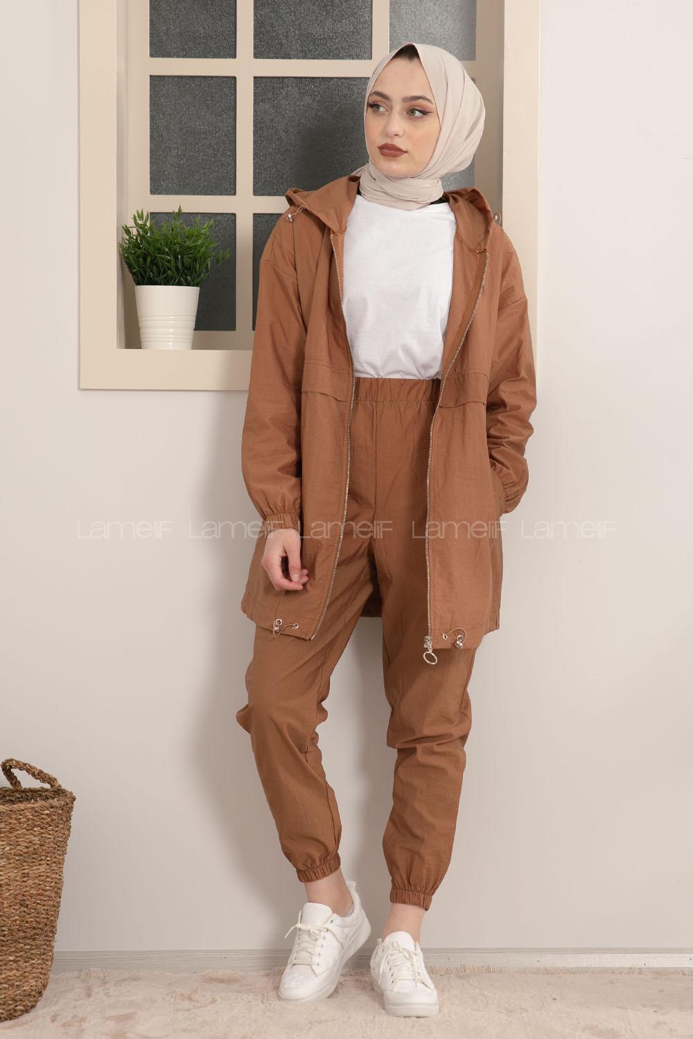 Modalamelif Önü Fermuarlı Kapşonlu İkili Takım Taba