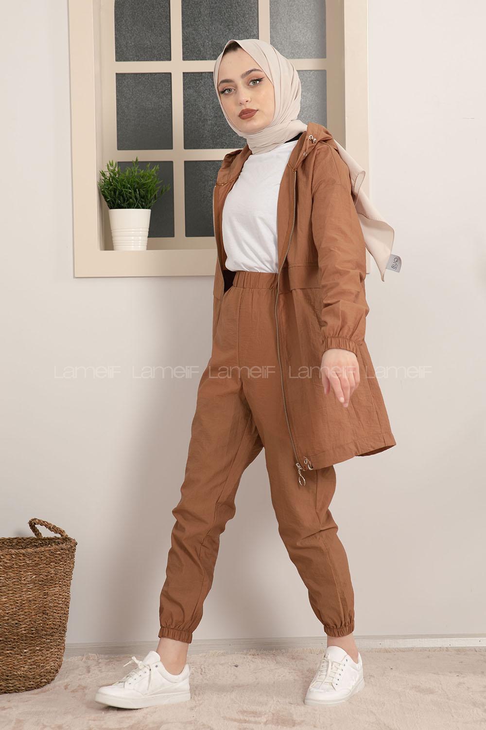 Modalamelif Önü Fermuarlı Kapşonlu İkili Takım Taba