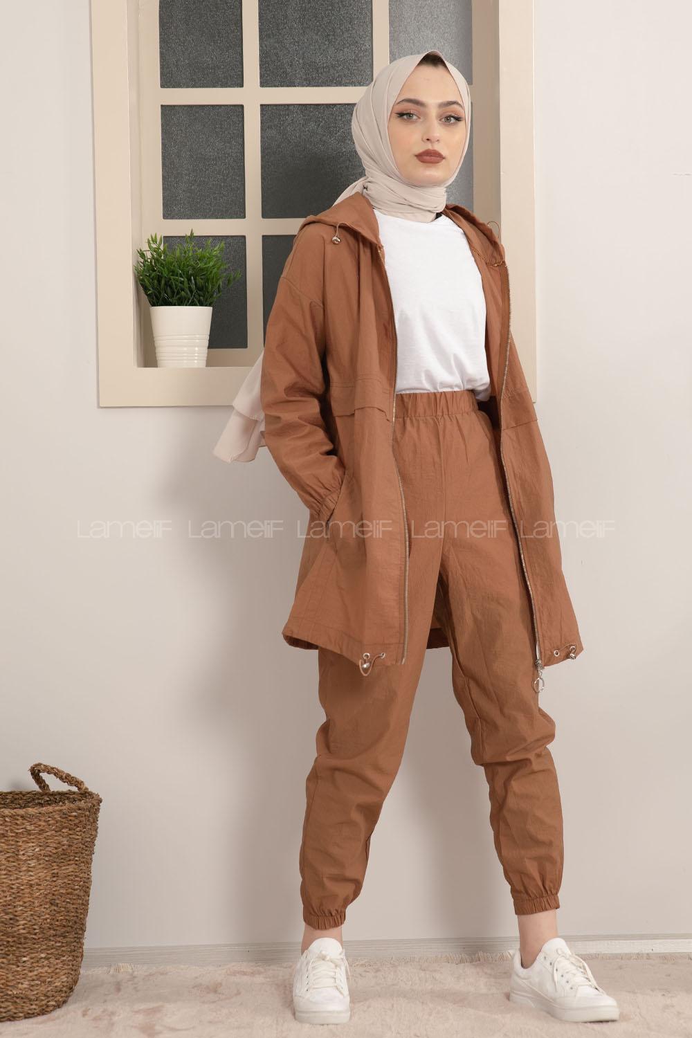 Modalamelif Önü Fermuarlı Kapşonlu İkili Takım Taba