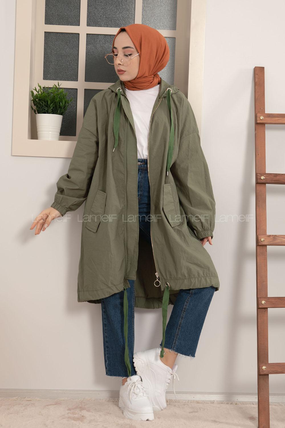 Modalamelif Önü Gizli Fermuarlı Kapşonlu Kap Haki