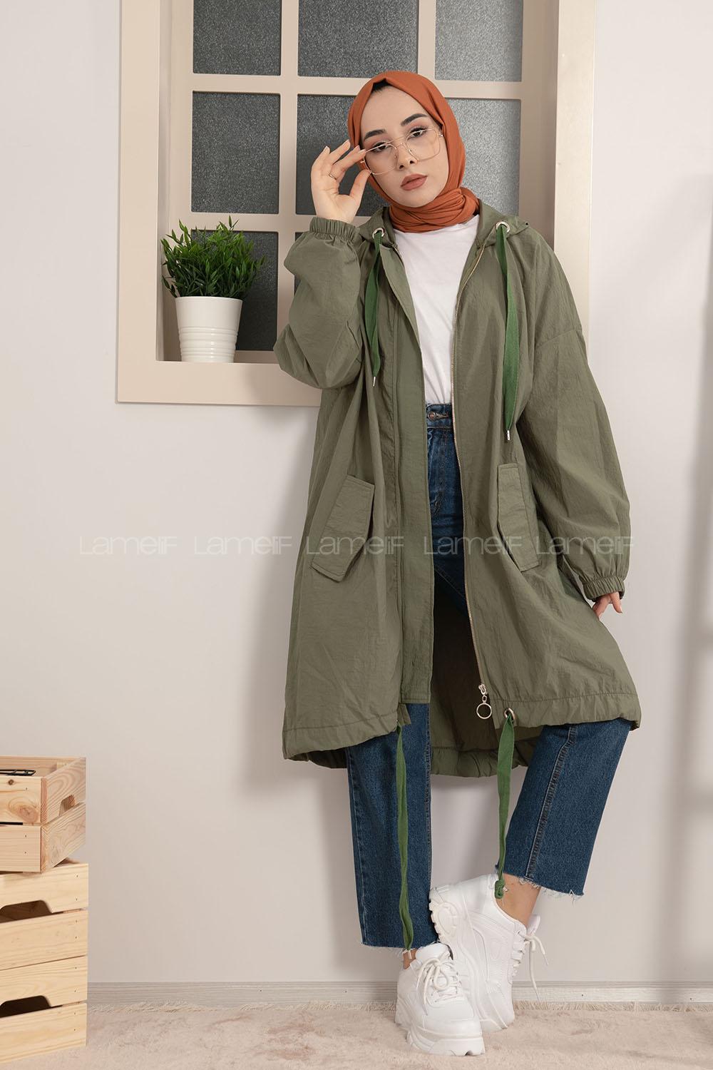 Modalamelif Önü Gizli Fermuarlı Kapşonlu Kap Haki