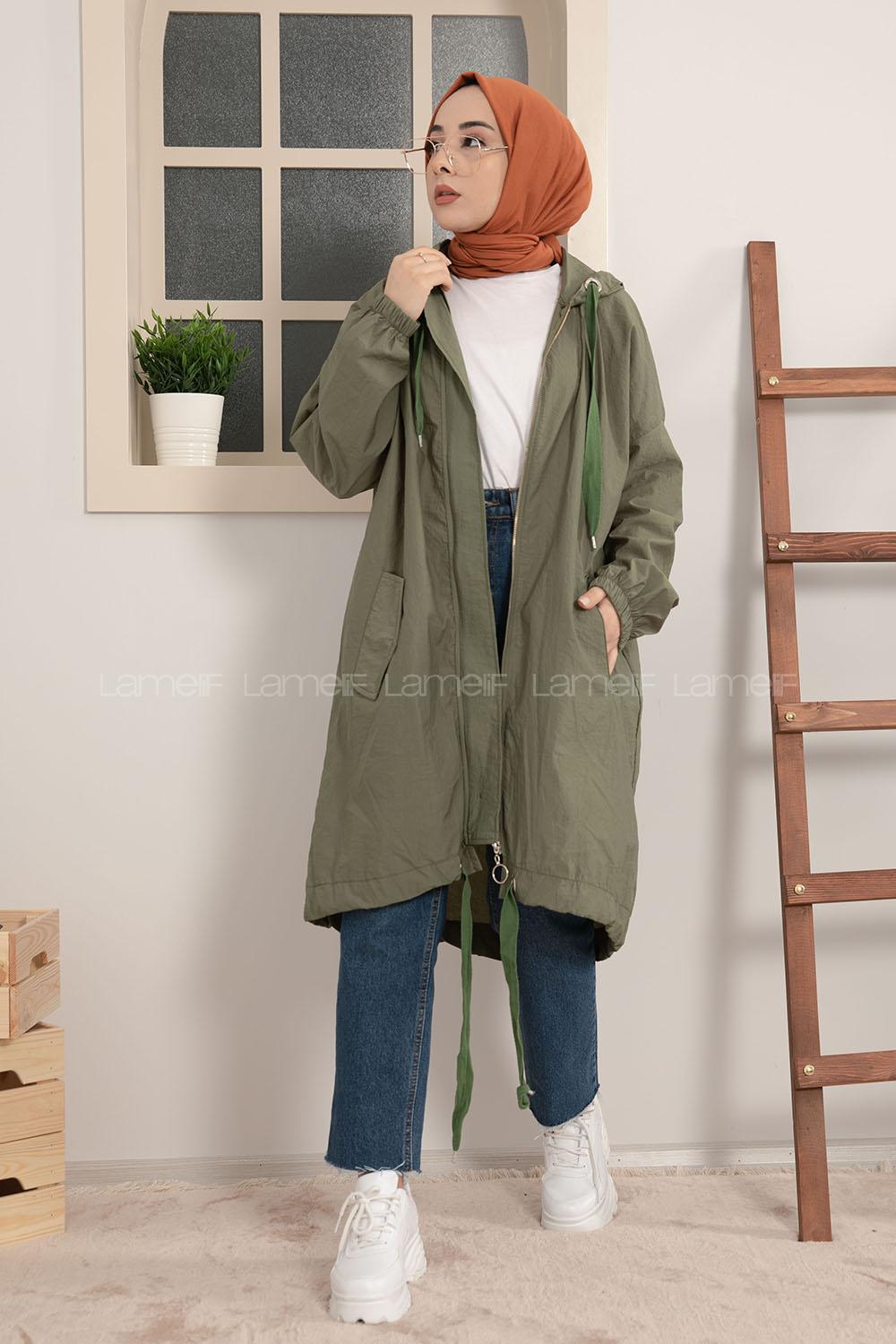 Modalamelif Önü Gizli Fermuarlı Kapşonlu Kap Haki