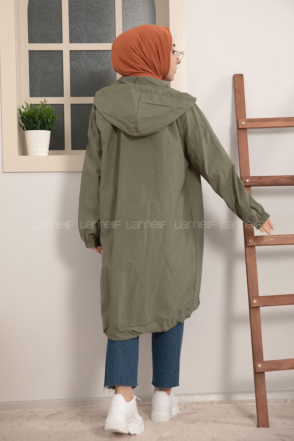 Modalamelif Önü Gizli Fermuarlı Kapşonlu Kap Haki