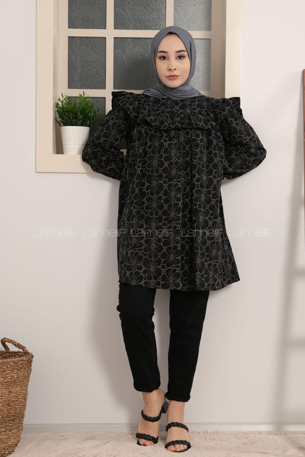 Modalamelif Robası Fırfırlı Dantel Desen Tunik Siyah