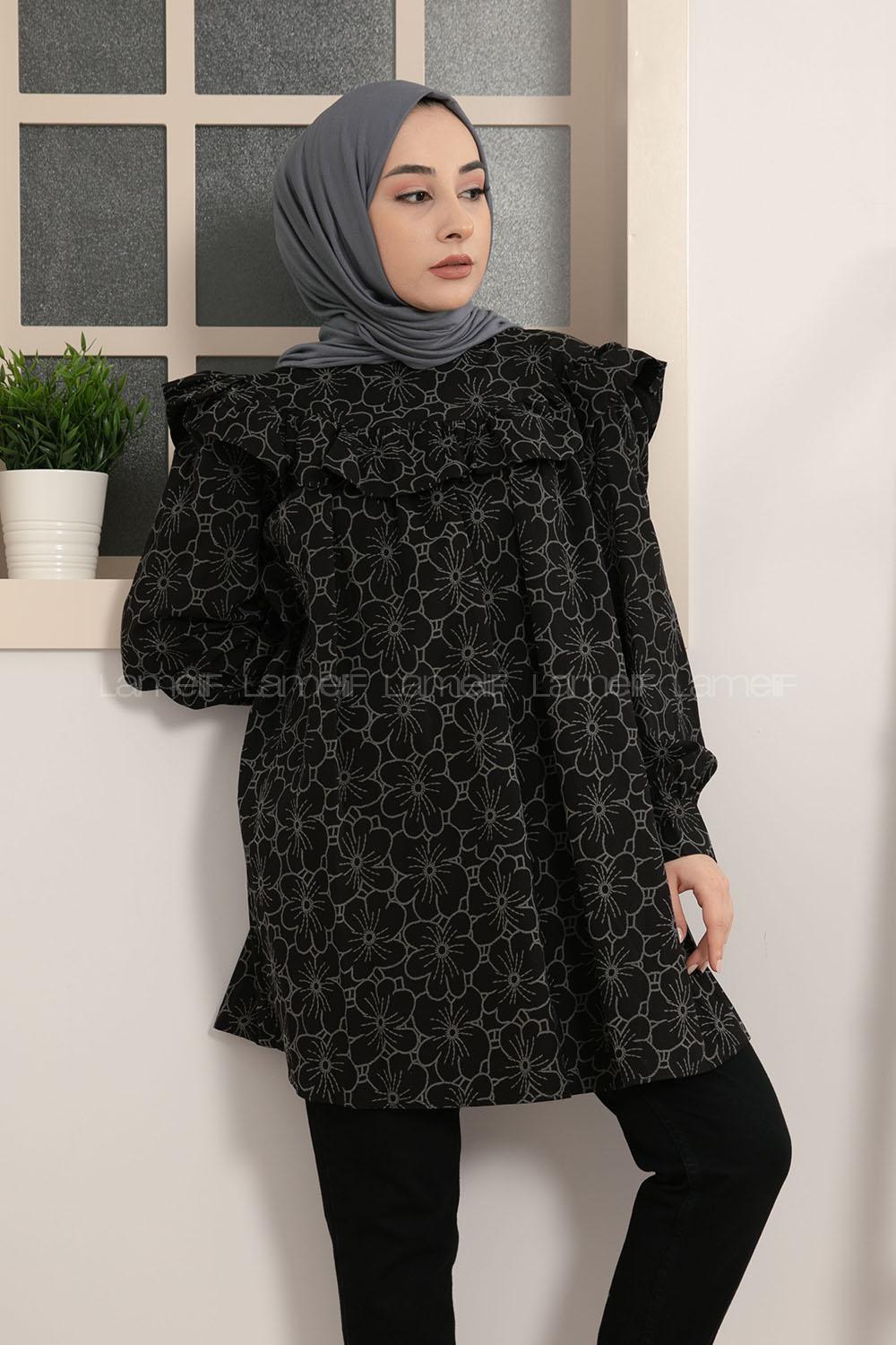 Modalamelif Robası Fırfırlı Dantel Desen Tunik Siyah