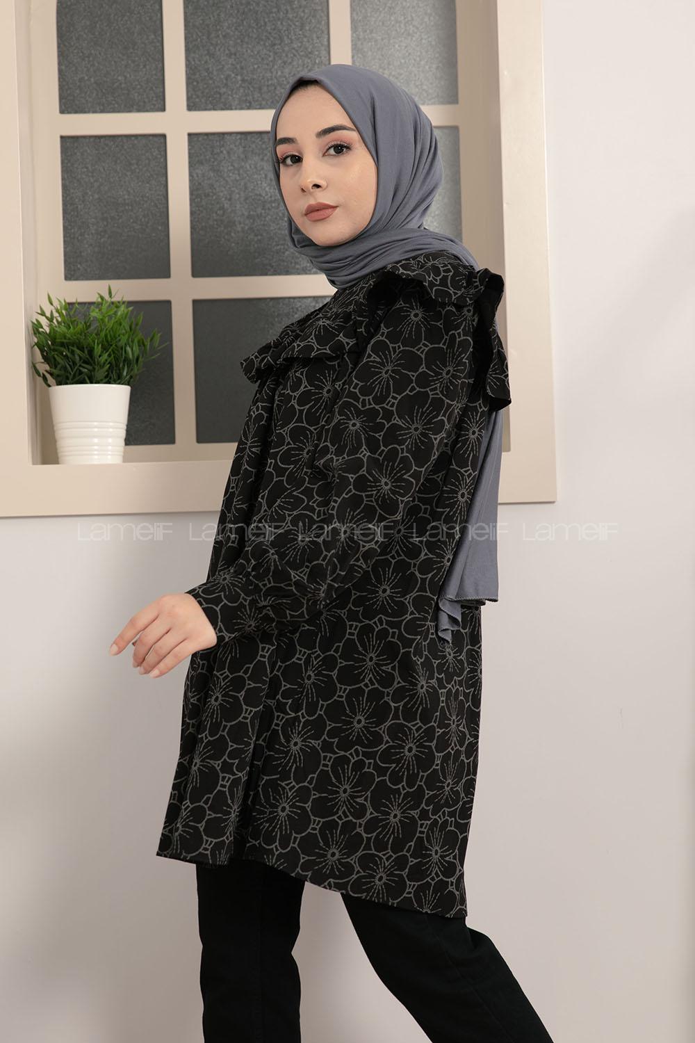 Modalamelif Robası Fırfırlı Dantel Desen Tunik Siyah