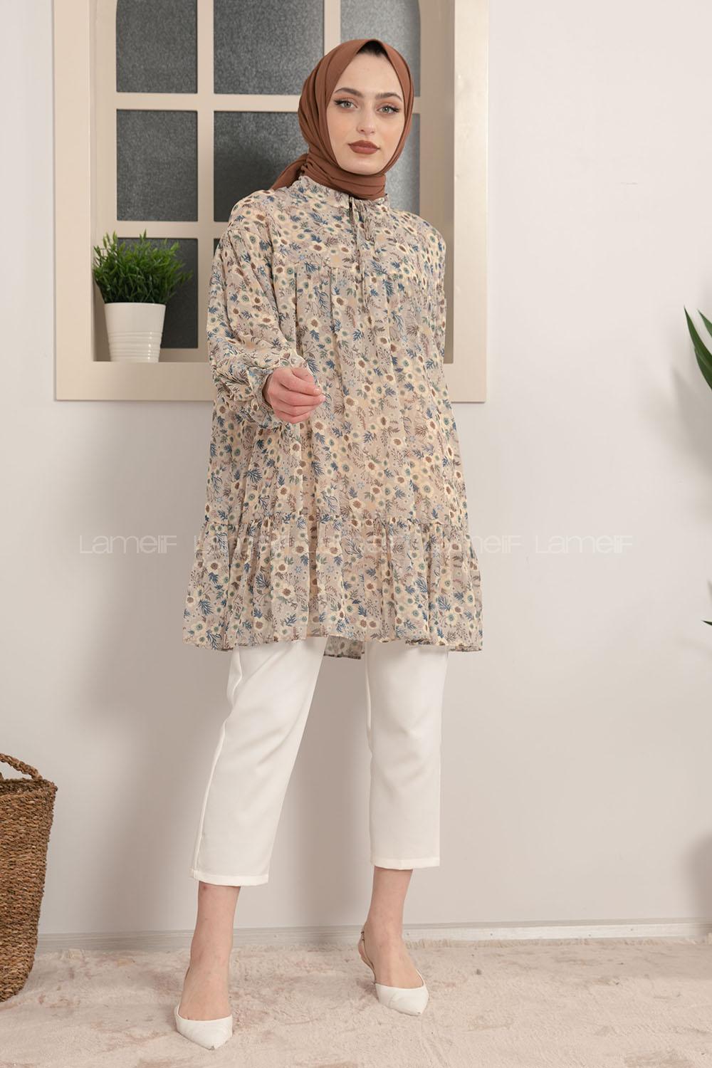Modalamelif Yaka Bağlamalı Çiçek Desen Tunik Bej
