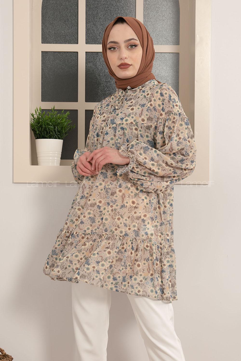 Modalamelif Yaka Bağlamalı Çiçek Desen Tunik Bej