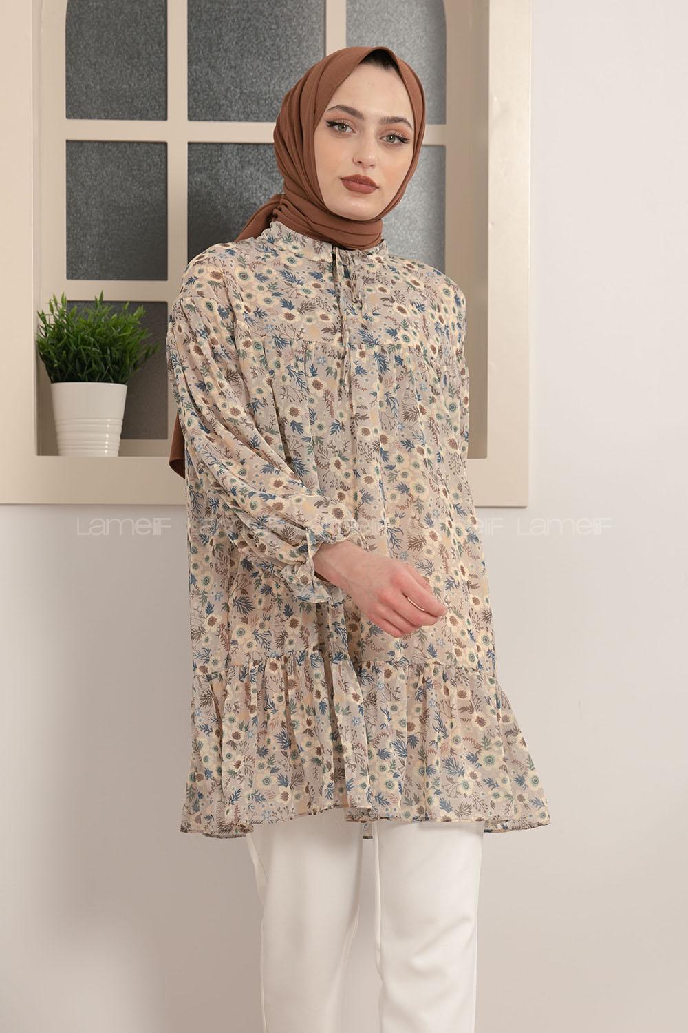 Modalamelif Yaka Bağlamalı Çiçek Desen Tunik Bej