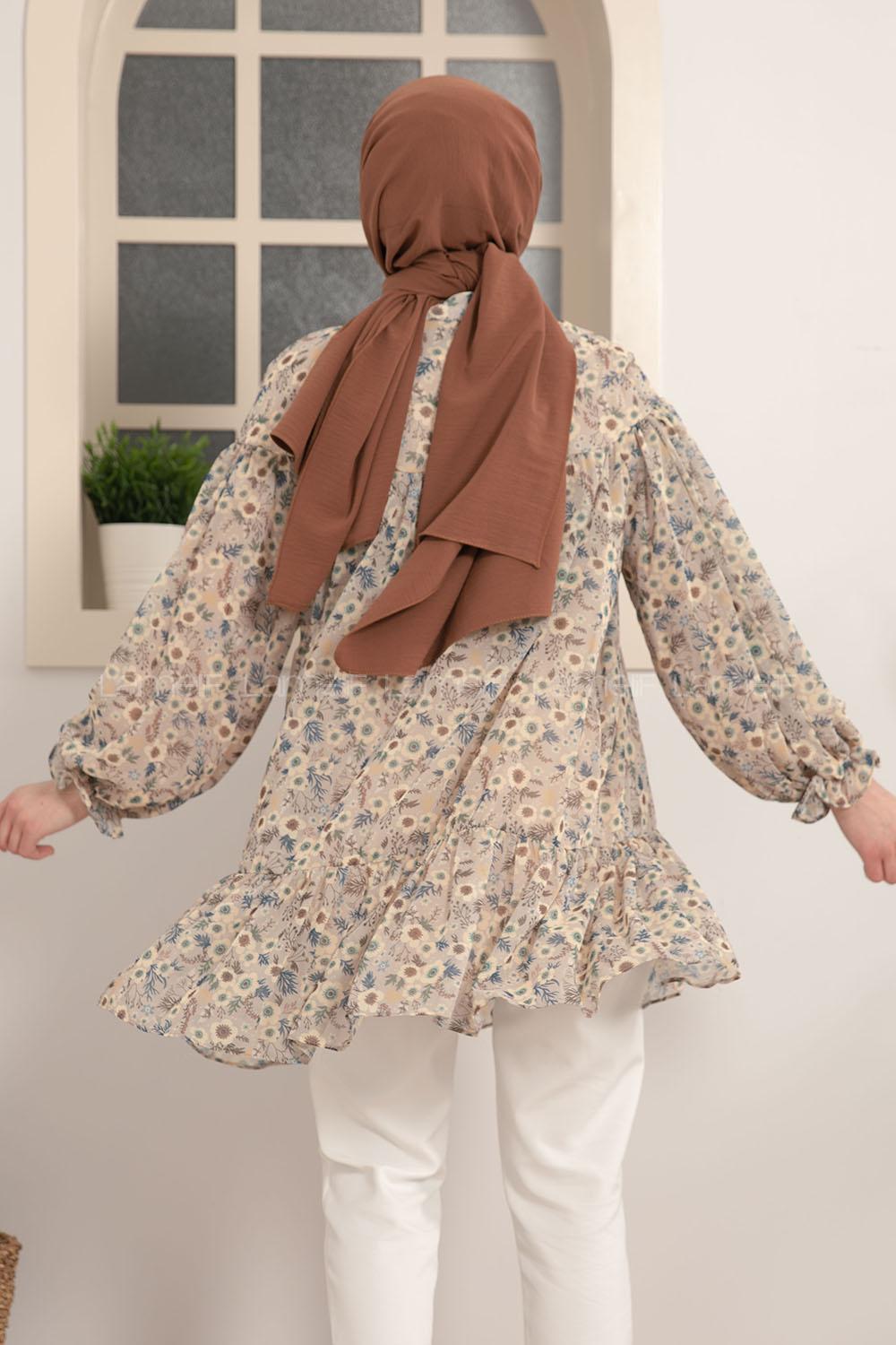 Modalamelif Yaka Bağlamalı Çiçek Desen Tunik Bej
