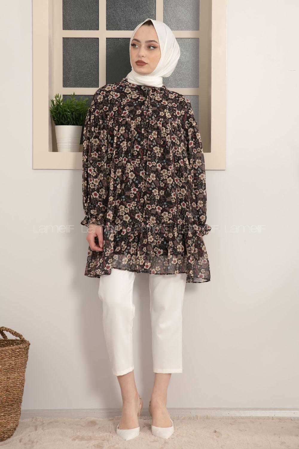 Modalamelif Yaka Bağlamalı Çiçek Desen Tunik Siyah