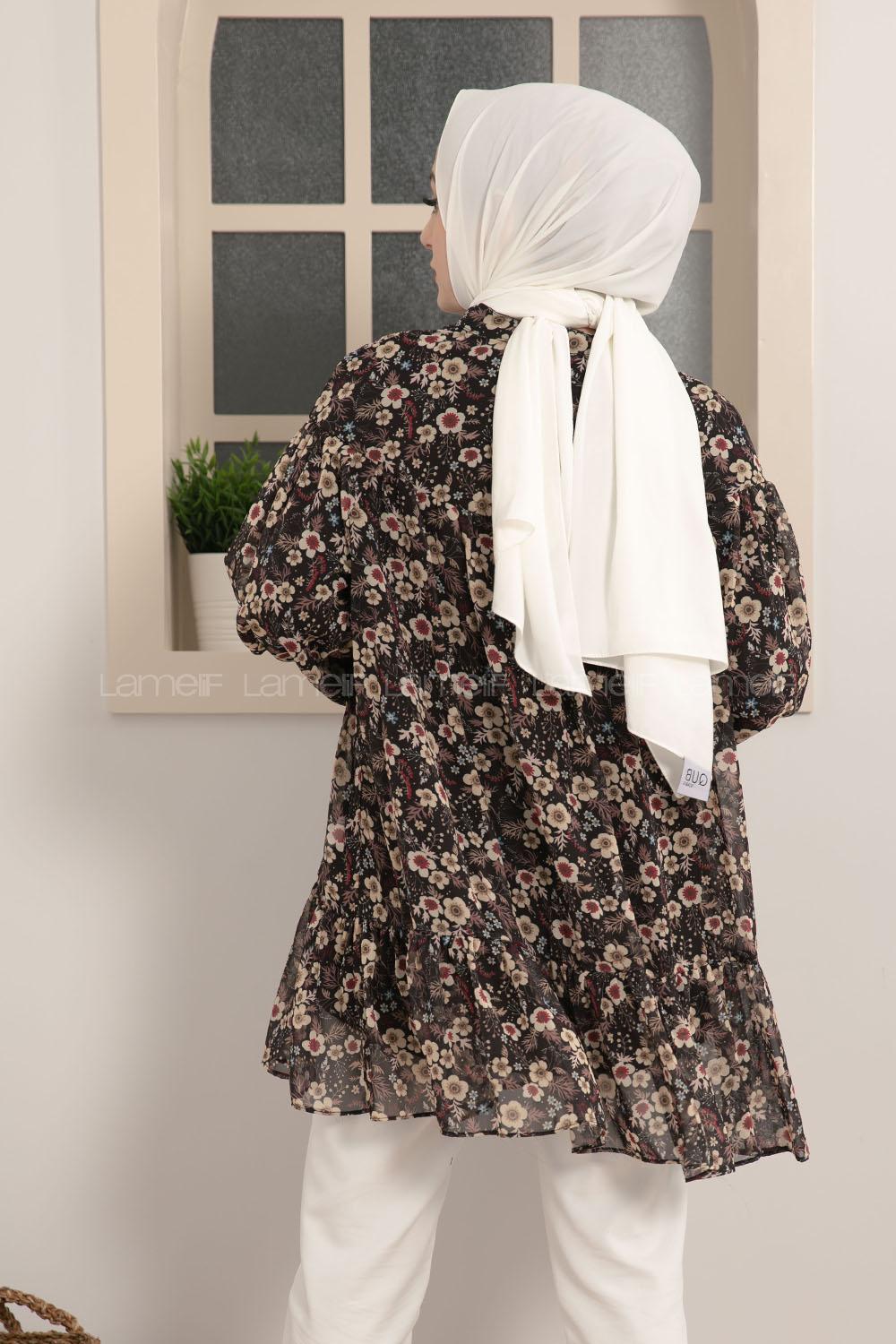 Modalamelif Yaka Bağlamalı Çiçek Desen Tunik Siyah