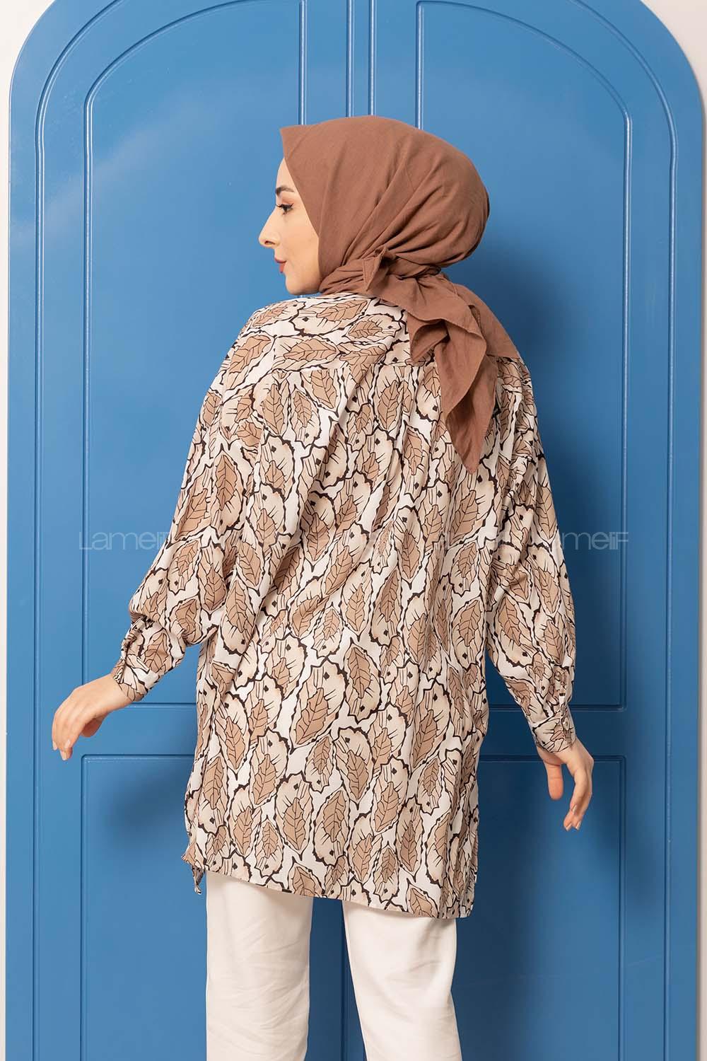 Modalamelif Yaprak Desen Dijital Baskı Gömlek Bej