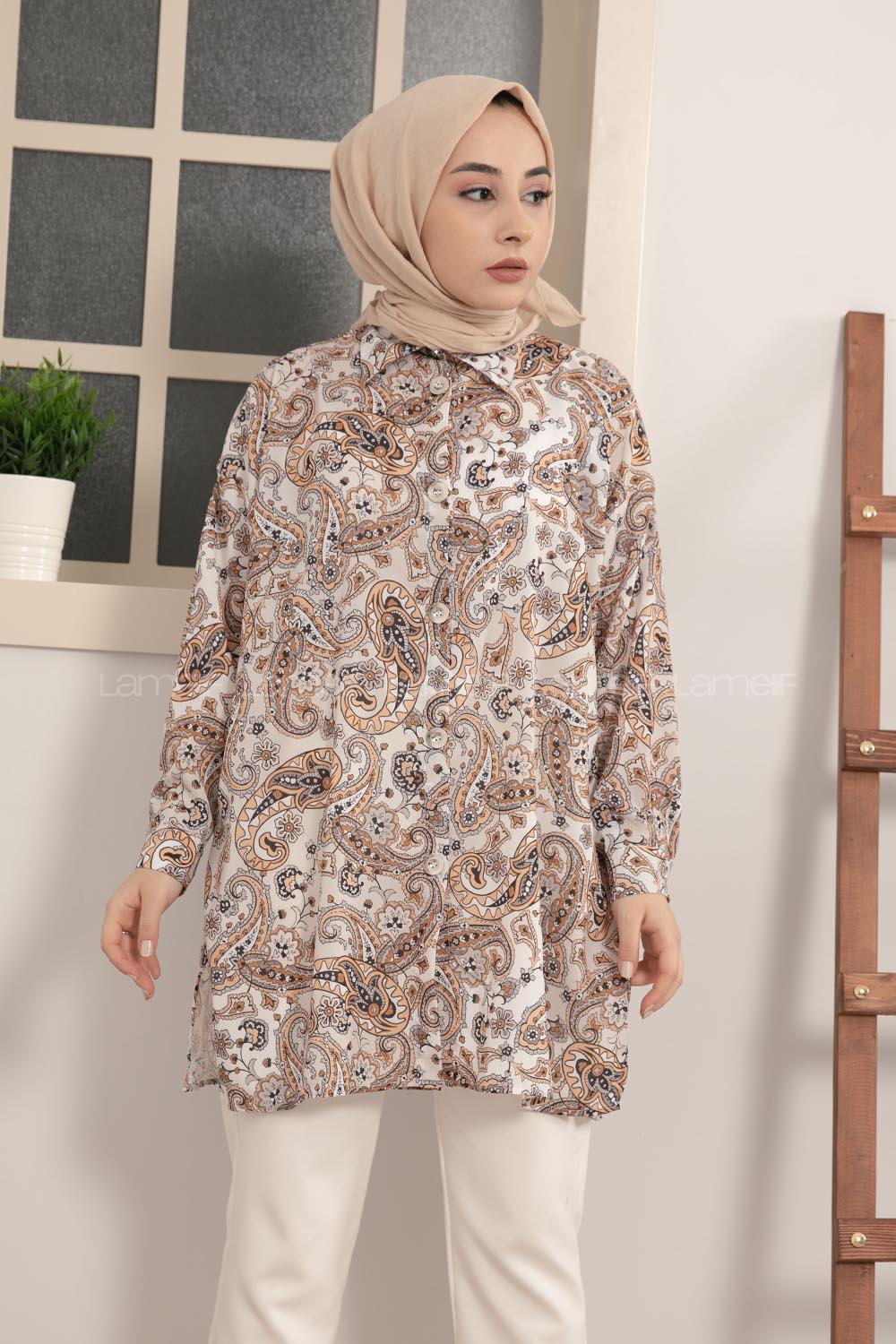 Modalamelif Çiçek Desen Dijital Baskı Gömlek Ekru