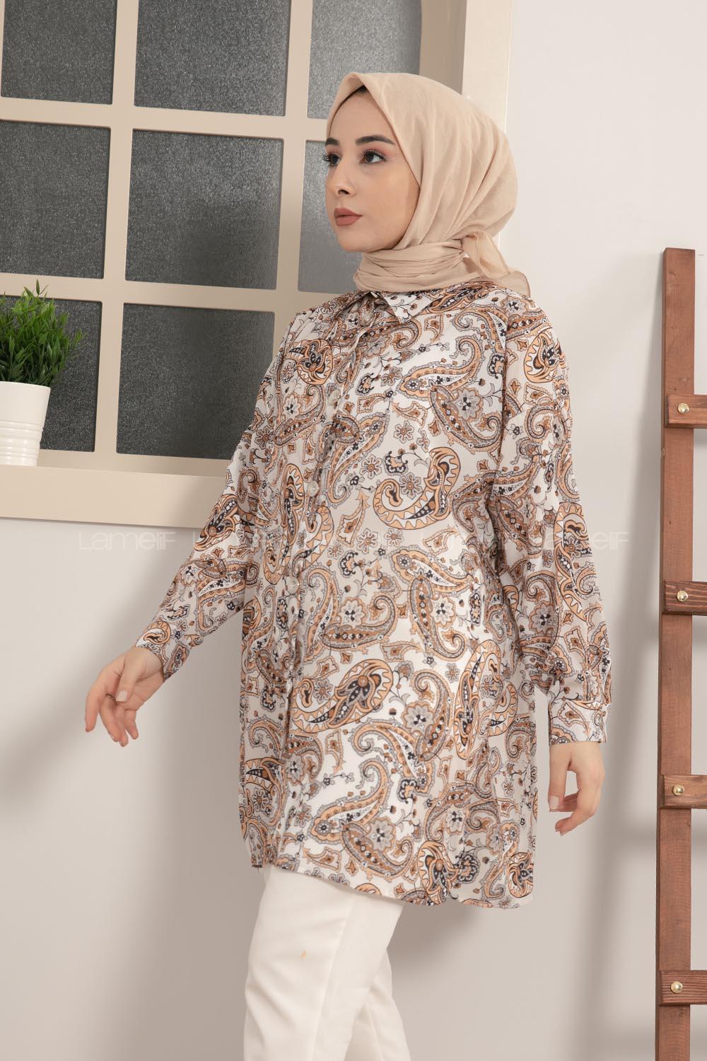 Modalamelif Çiçek Desen Dijital Baskı Gömlek Ekru