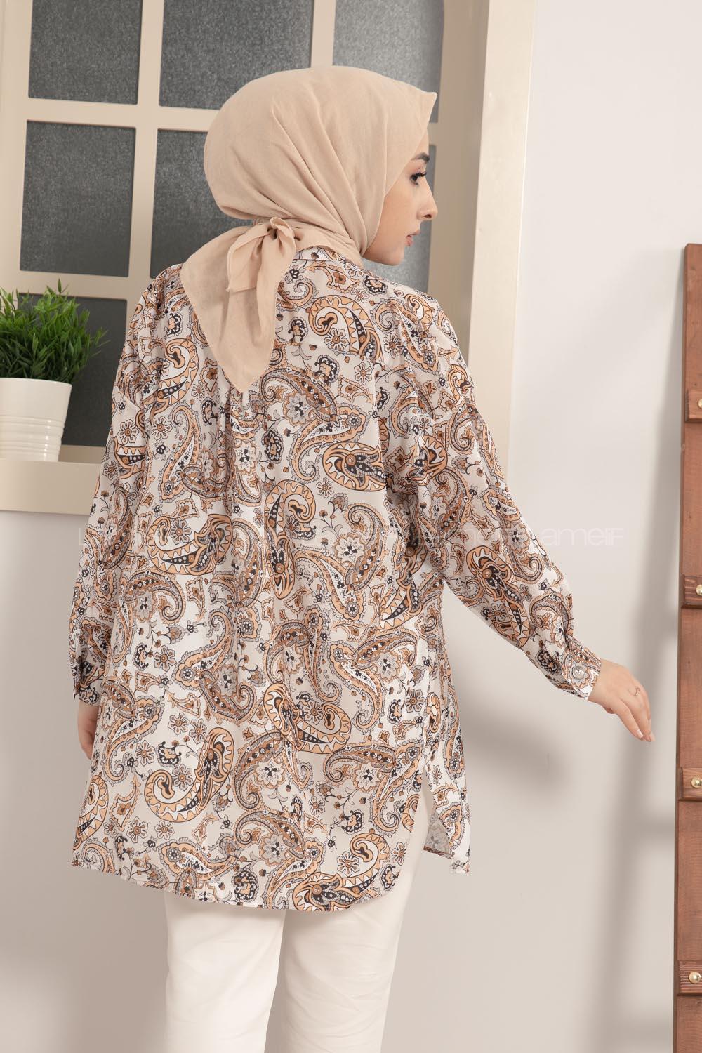 Modalamelif Çiçek Desen Dijital Baskı Gömlek Ekru