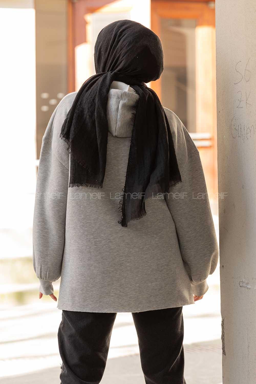 Modalamelif Kapşonlu Houston Baskılı Sweatshirt Gri