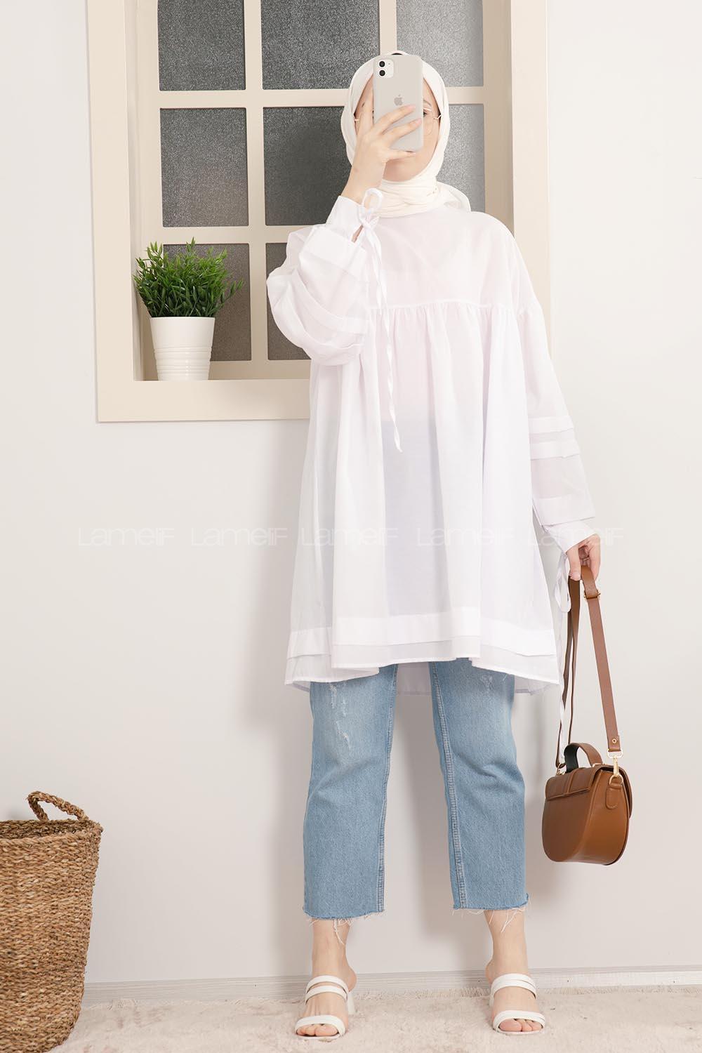 Modalamelif Kol Bağlamalı Tunik Beyaz