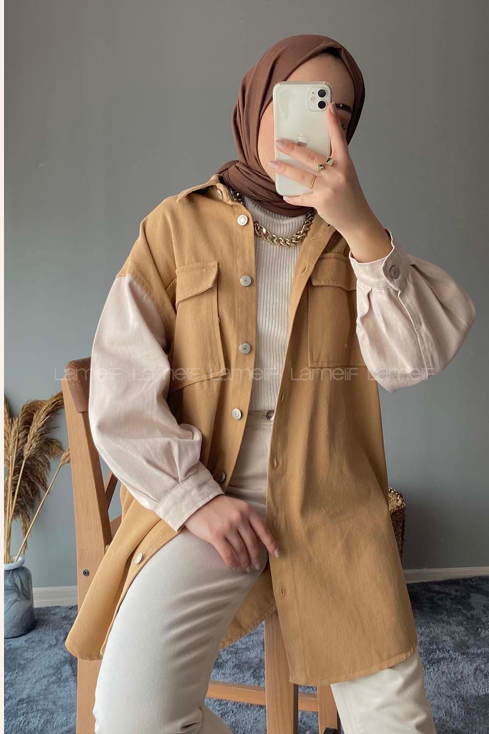 Modalamelif Renk Garnili Çift Cepli Ceket Camel Taş