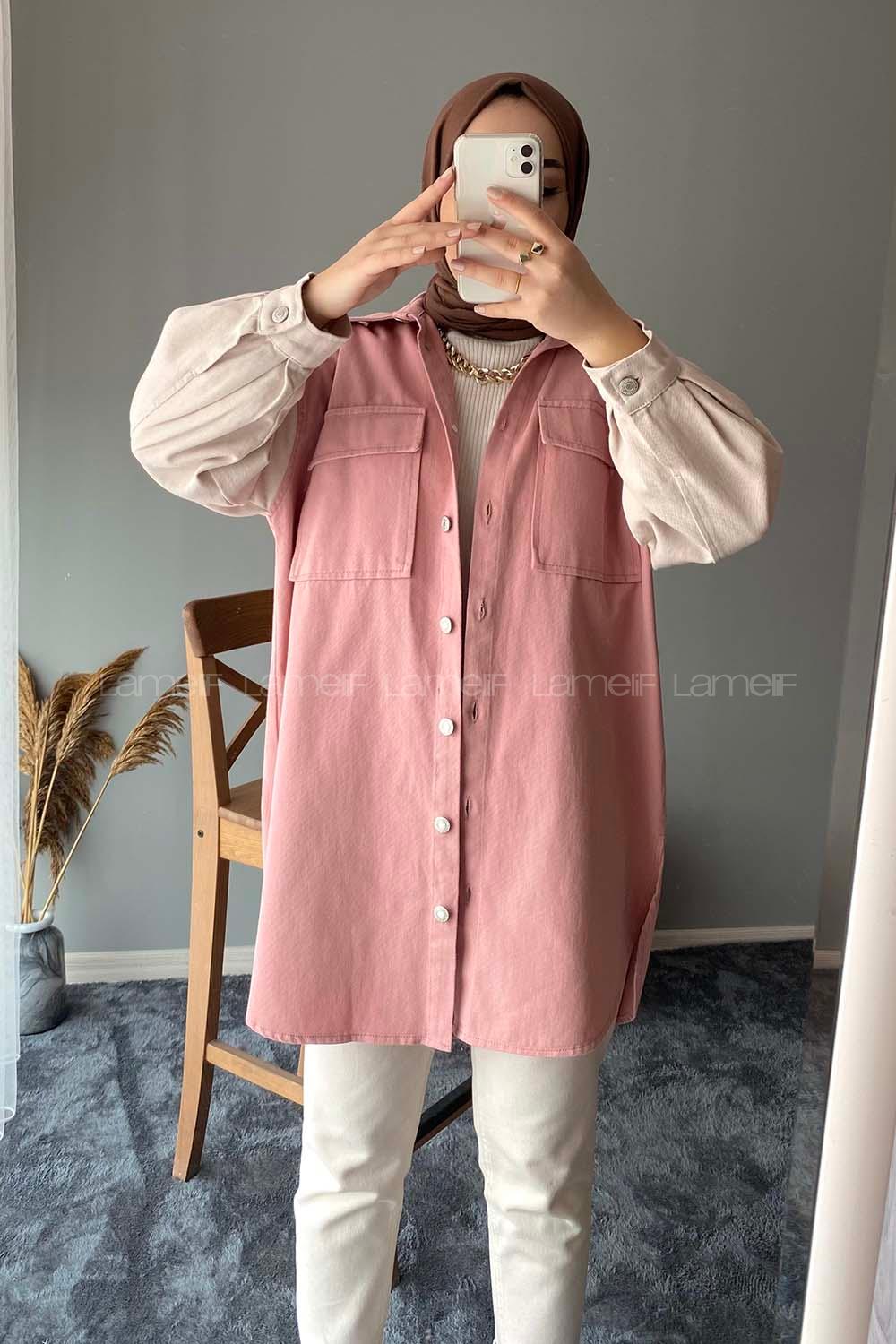 Modalamelif Renk Garnili Çift Cepli Ceket Pudra