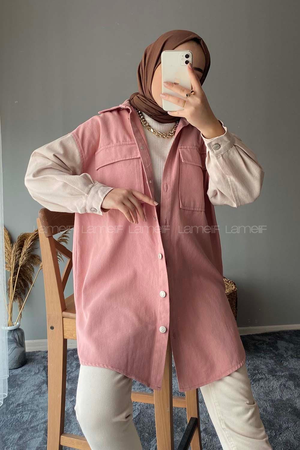 Modalamelif Renk Garnili Çift Cepli Ceket Pudra