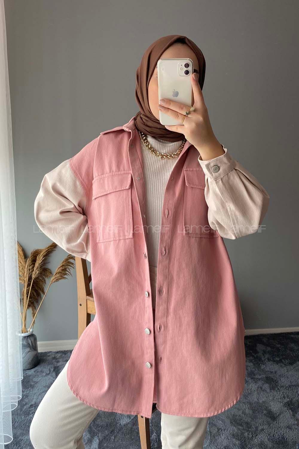 Modalamelif Renk Garnili Çift Cepli Ceket Pudra