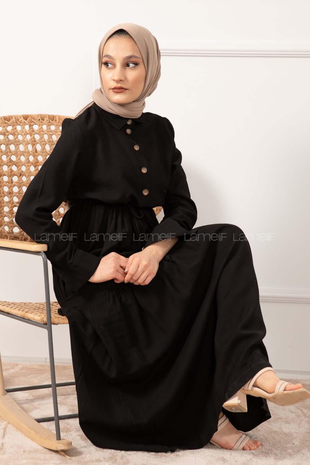 Modalamelif Eteği Büzgülü Elbise Siyah
