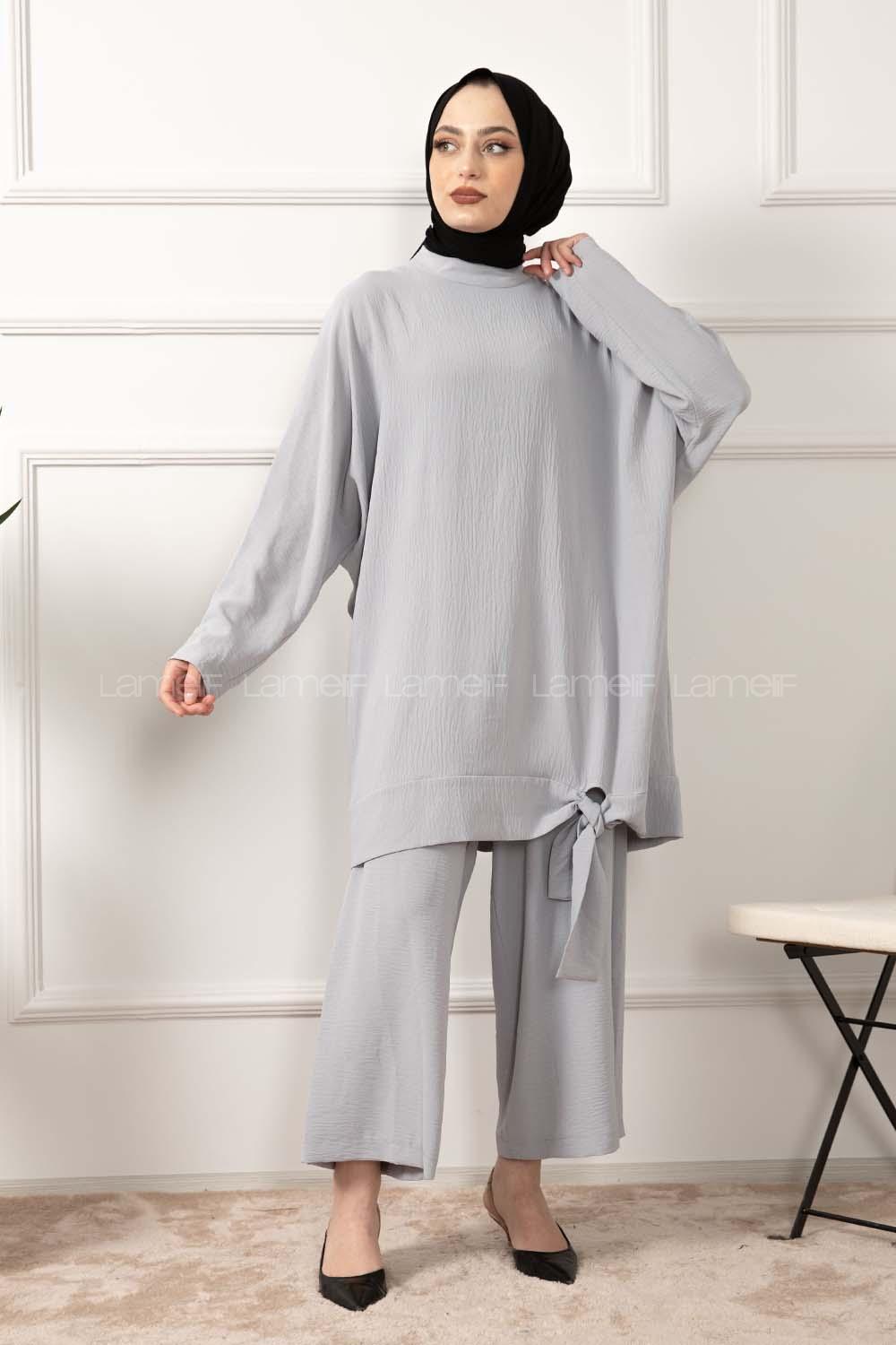 Modalamelif  Etek Ucu Bağlamalı İkili Takım Gri