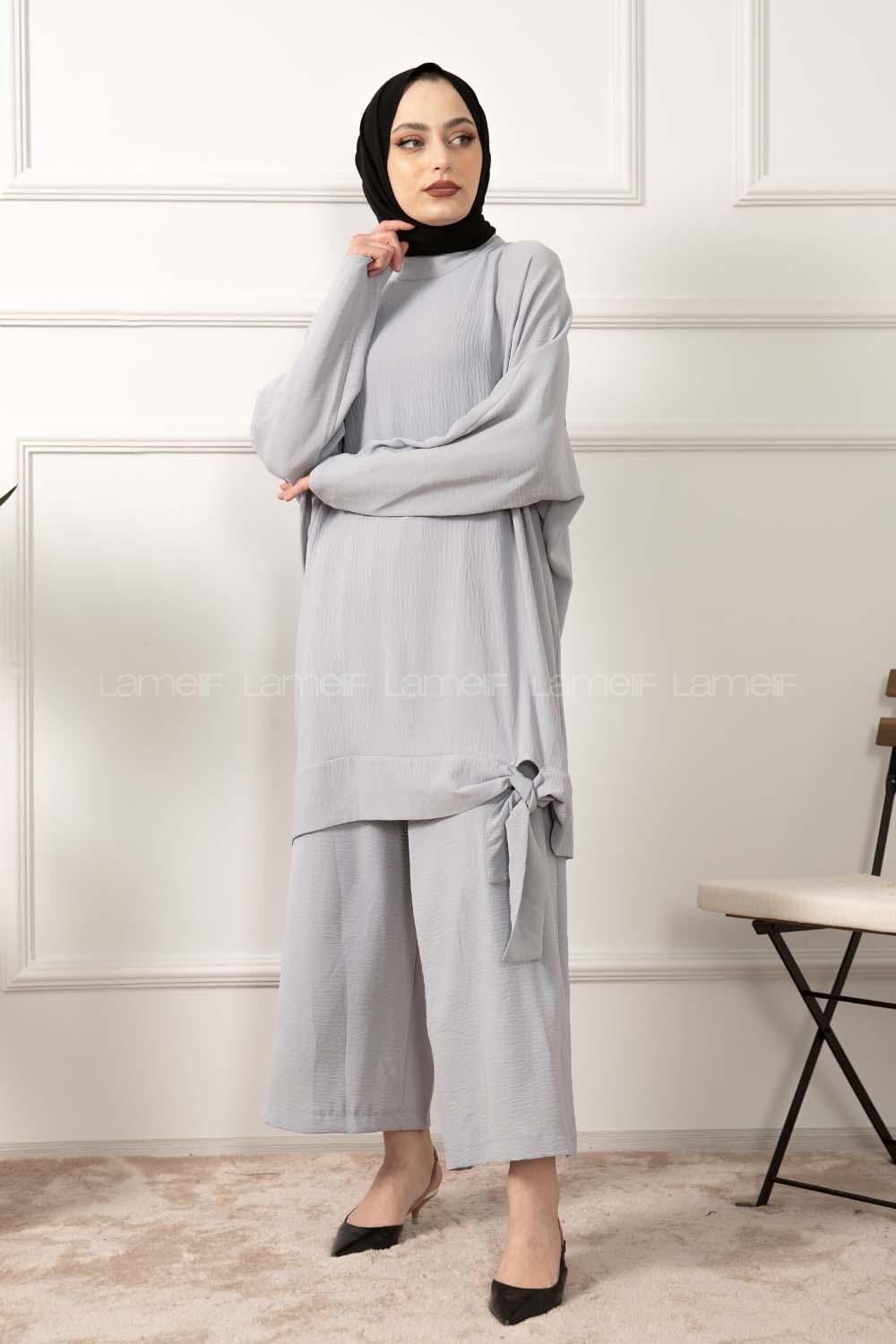 Modalamelif  Etek Ucu Bağlamalı İkili Takım Gri