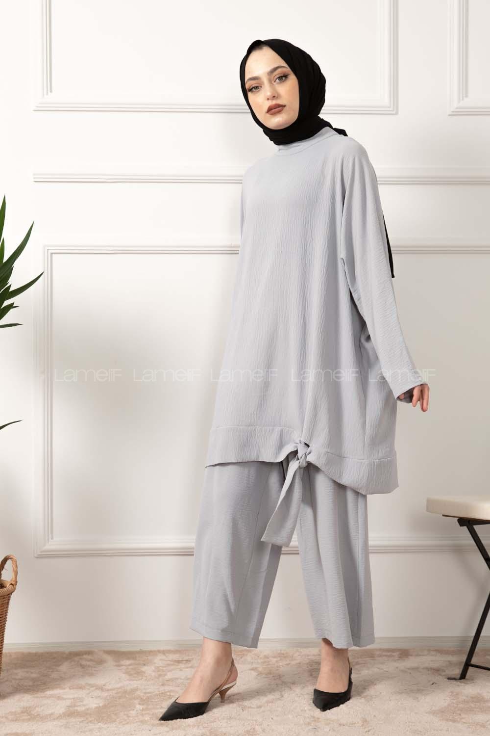 Modalamelif  Etek Ucu Bağlamalı İkili Takım Gri