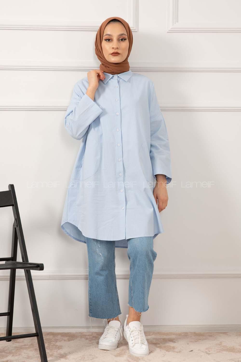 Modalamelif Gizli Cep Düşük Kol Gömlek Açık Mavi