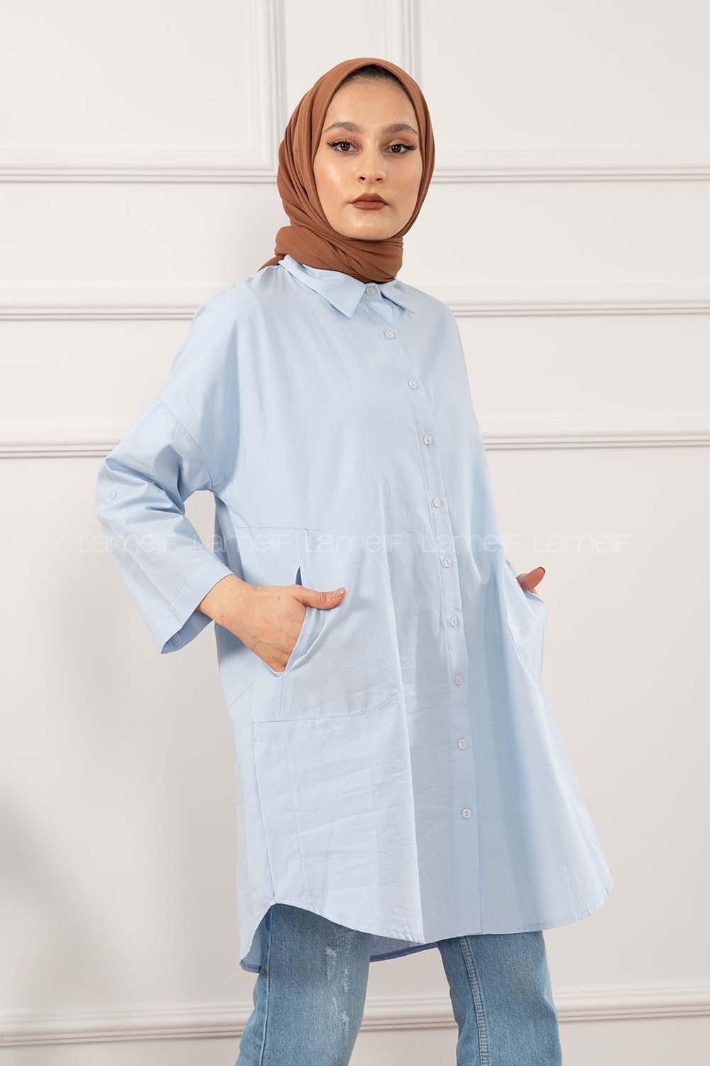 Modalamelif Gizli Cep Düşük Kol Gömlek Açık Mavi