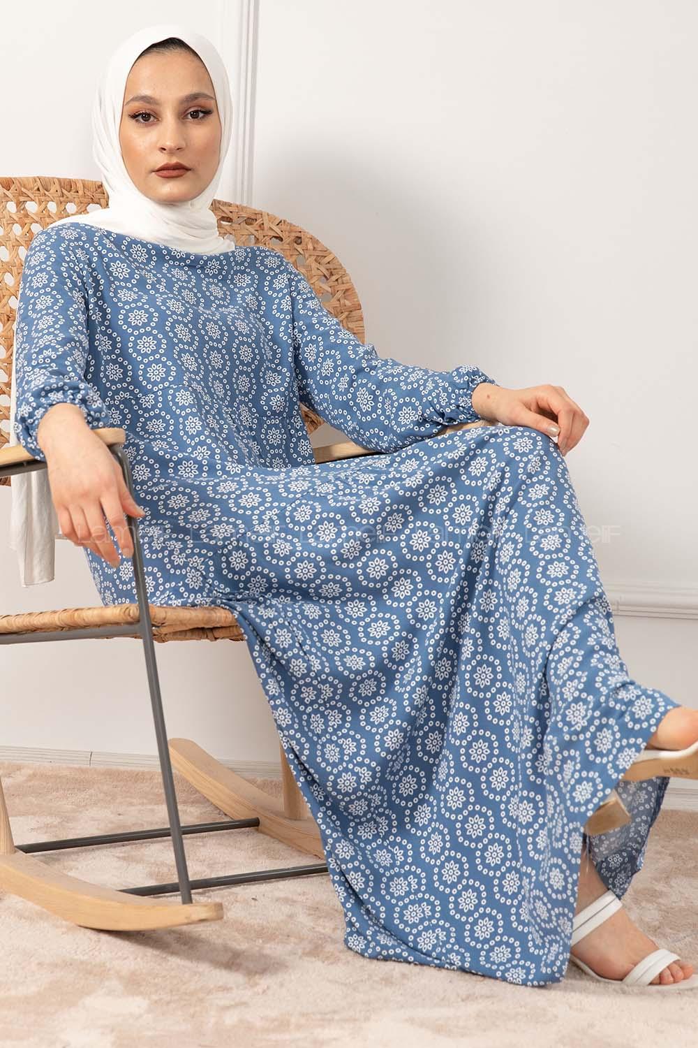 Modalamelif Kol Lastikli Kilim Desen Dokuma Elbise İndigo