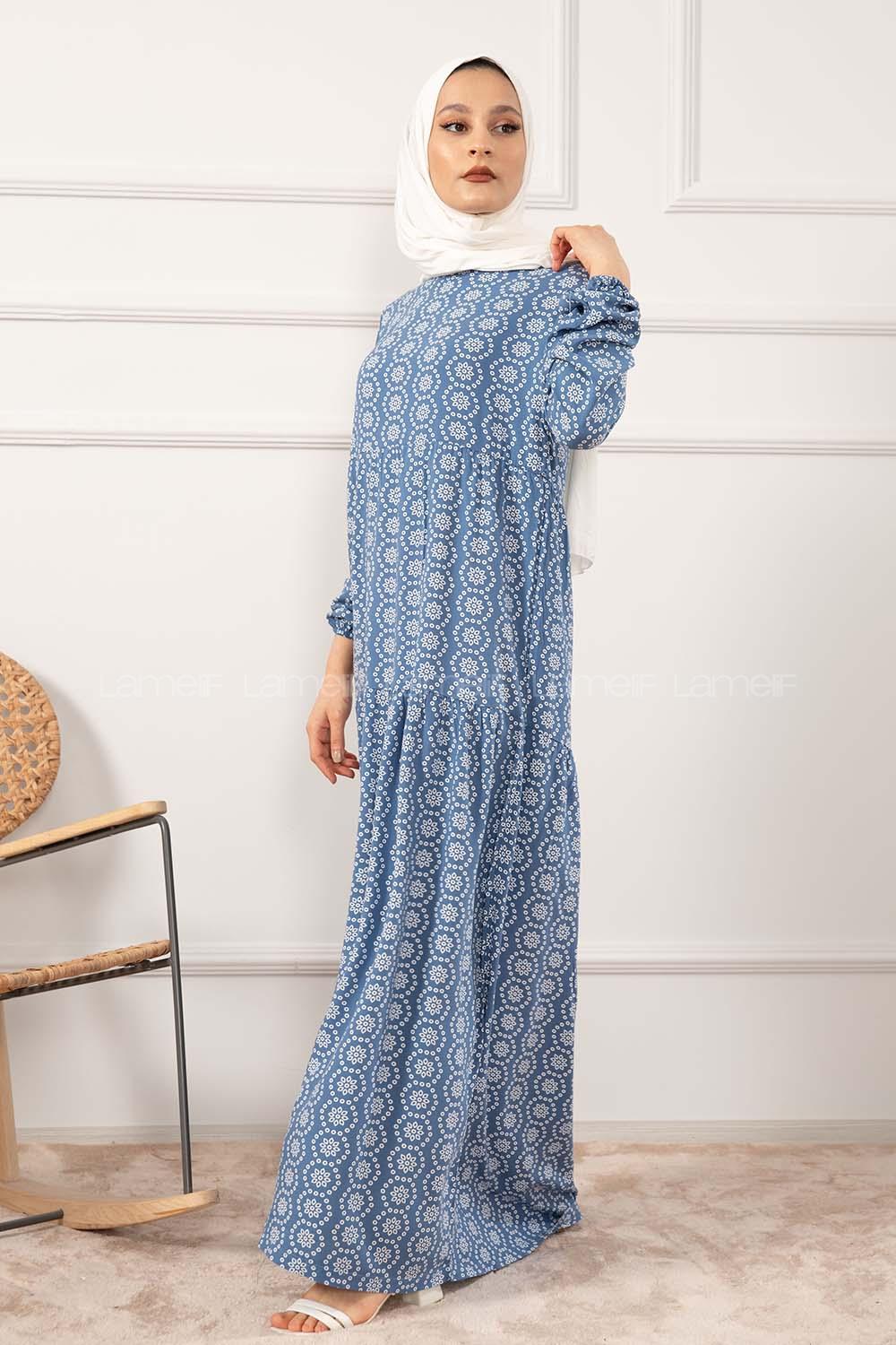 Modalamelif Kol Lastikli Kilim Desen Dokuma Elbise İndigo