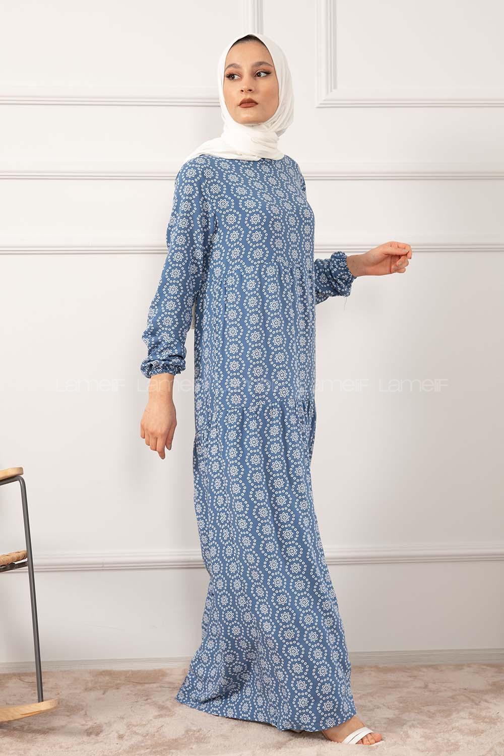 Modalamelif Kol Lastikli Kilim Desen Dokuma Elbise İndigo