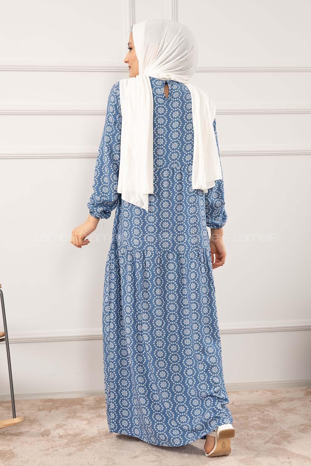 Modalamelif Kol Lastikli Kilim Desen Dokuma Elbise İndigo