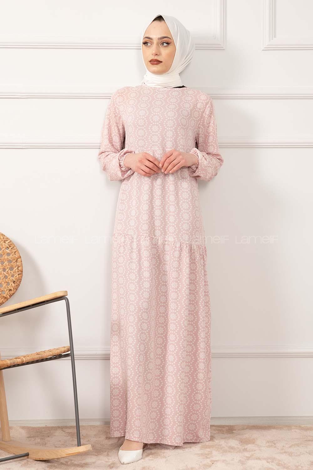 Modalamelif Kol Lastikli Kilim Desen Dokuma Elbise Pudra