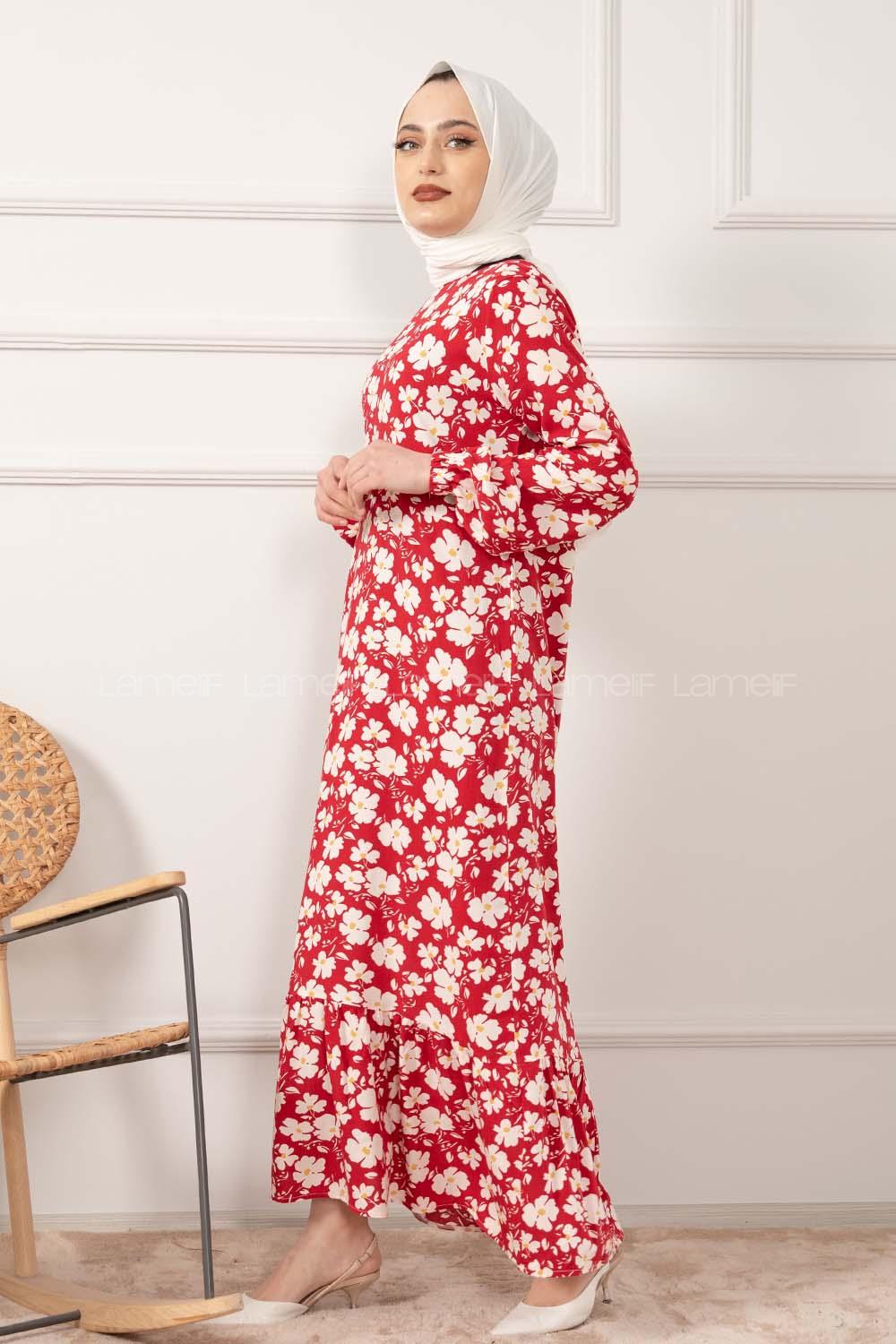 Modalamelif Kol Lastikli Papatya Desen Dokuma Elbise Bordo