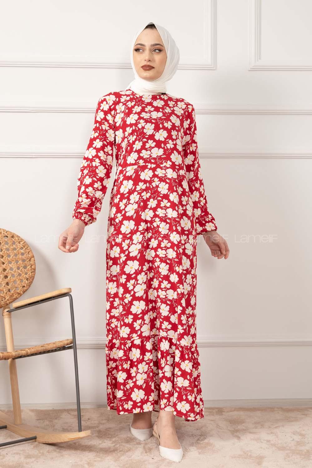 Modalamelif Kol Lastikli Papatya Desen Dokuma Elbise Bordo