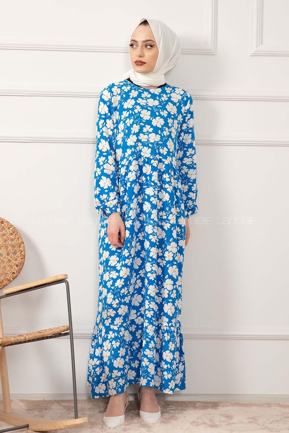 Modalamelif Kol Lastikli Papatya Desen Dokuma Elbise Mavi