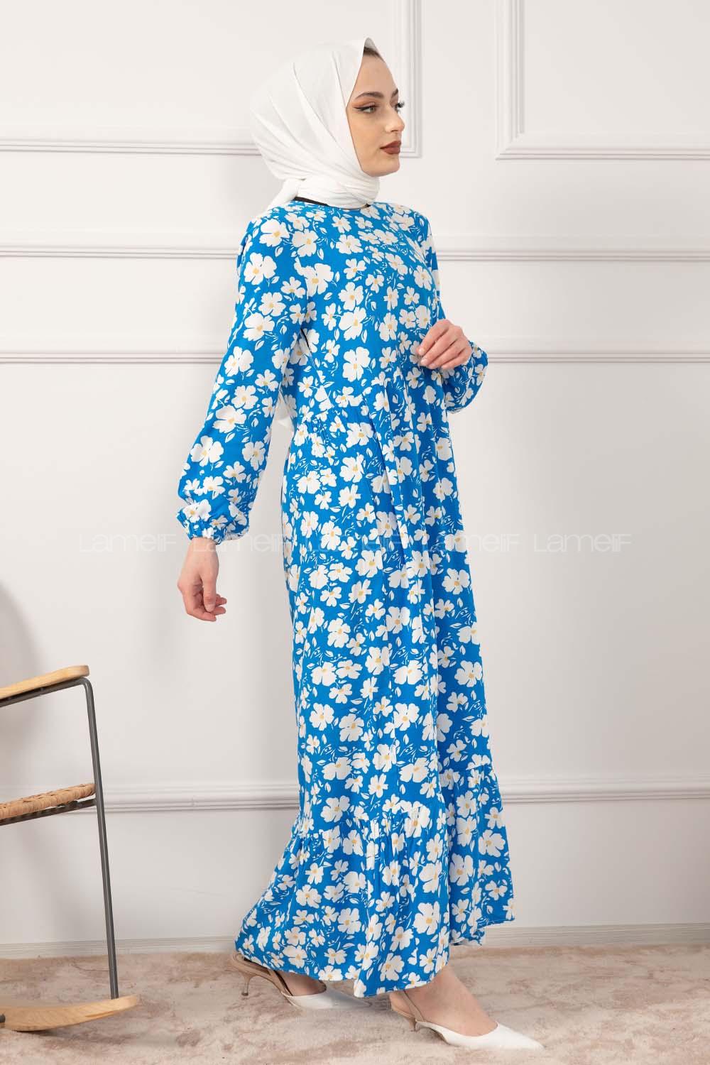 Modalamelif Kol Lastikli Papatya Desen Dokuma Elbise Mavi