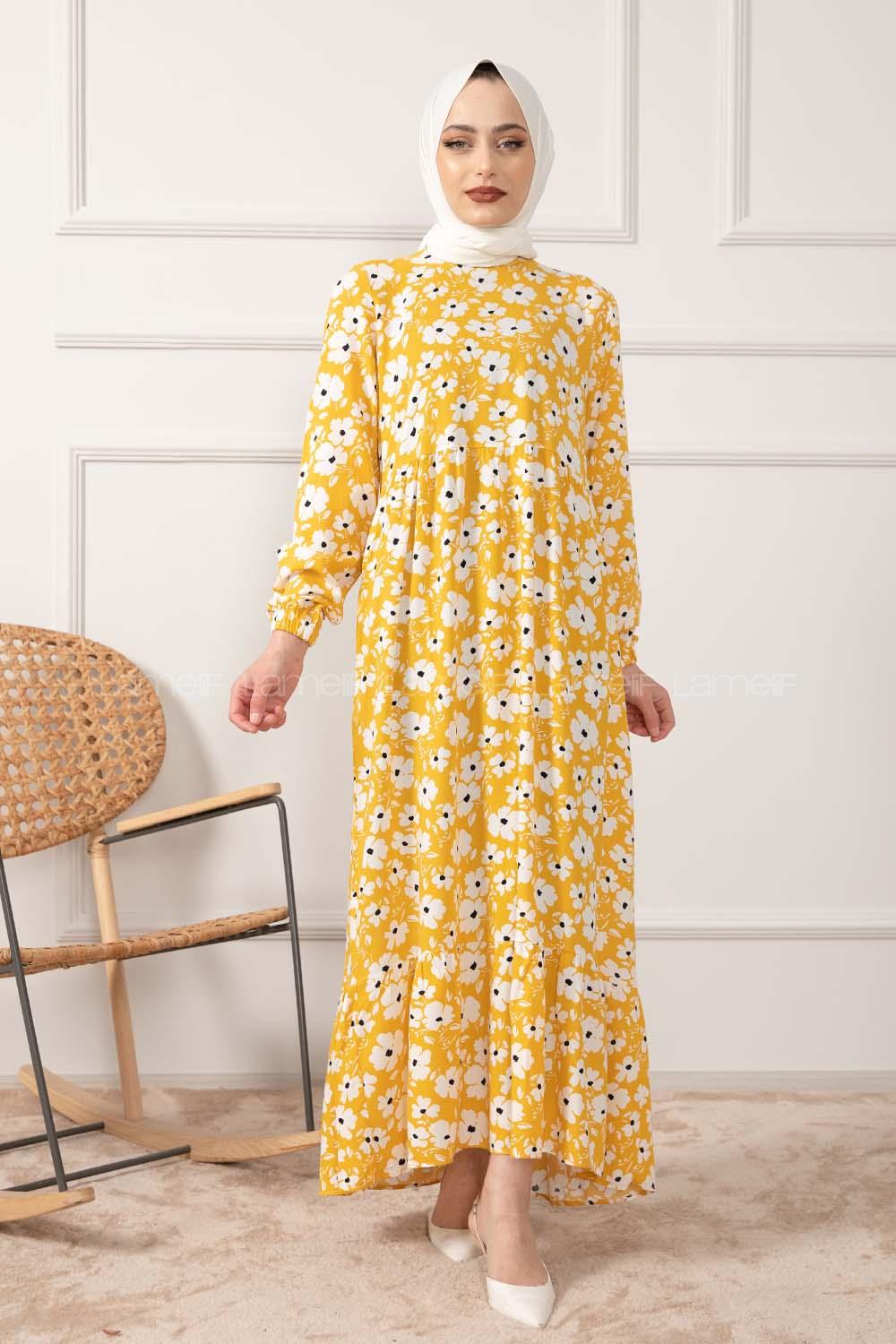 Modalamelif Kol Lastikli Papatya Desen Dokuma Elbise Sarı