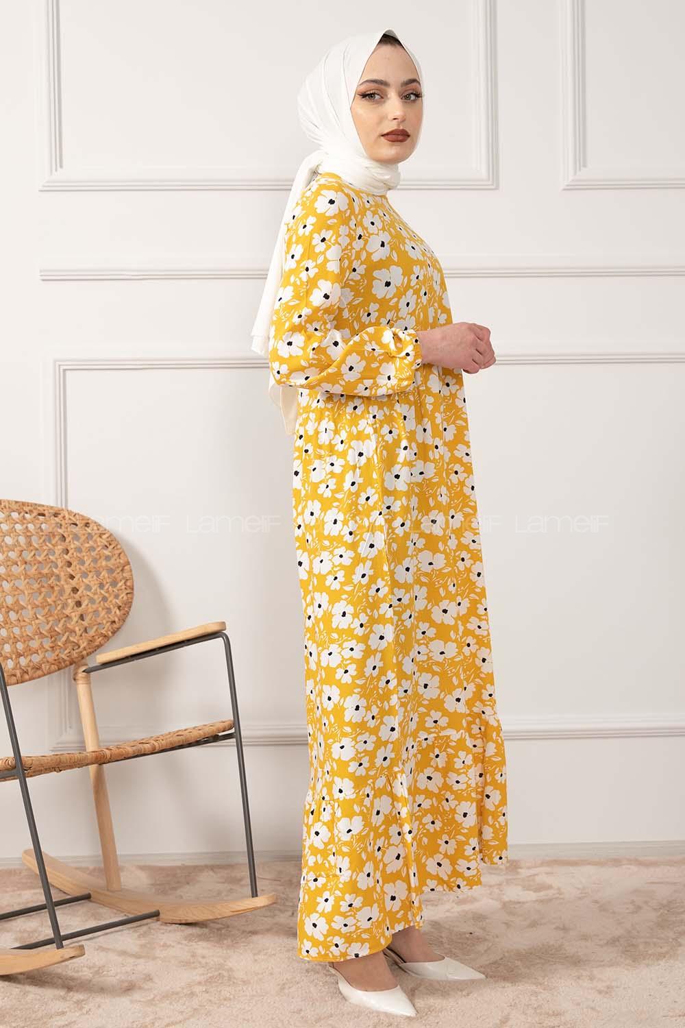 Modalamelif Kol Lastikli Papatya Desen Dokuma Elbise Sarı