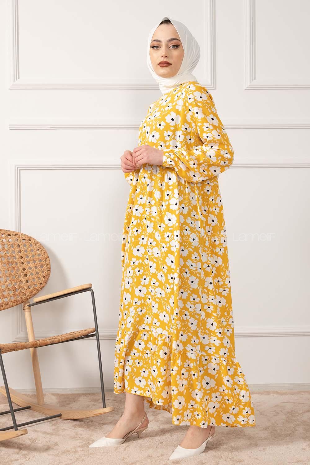 Modalamelif Kol Lastikli Papatya Desen Dokuma Elbise Sarı