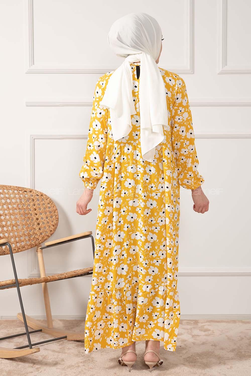 Modalamelif Kol Lastikli Papatya Desen Dokuma Elbise Sarı