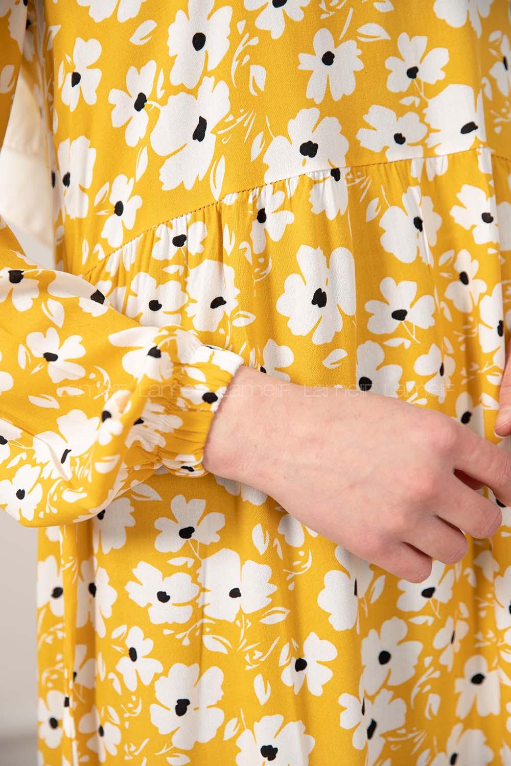 Modalamelif Kol Lastikli Papatya Desen Dokuma Elbise Sarı